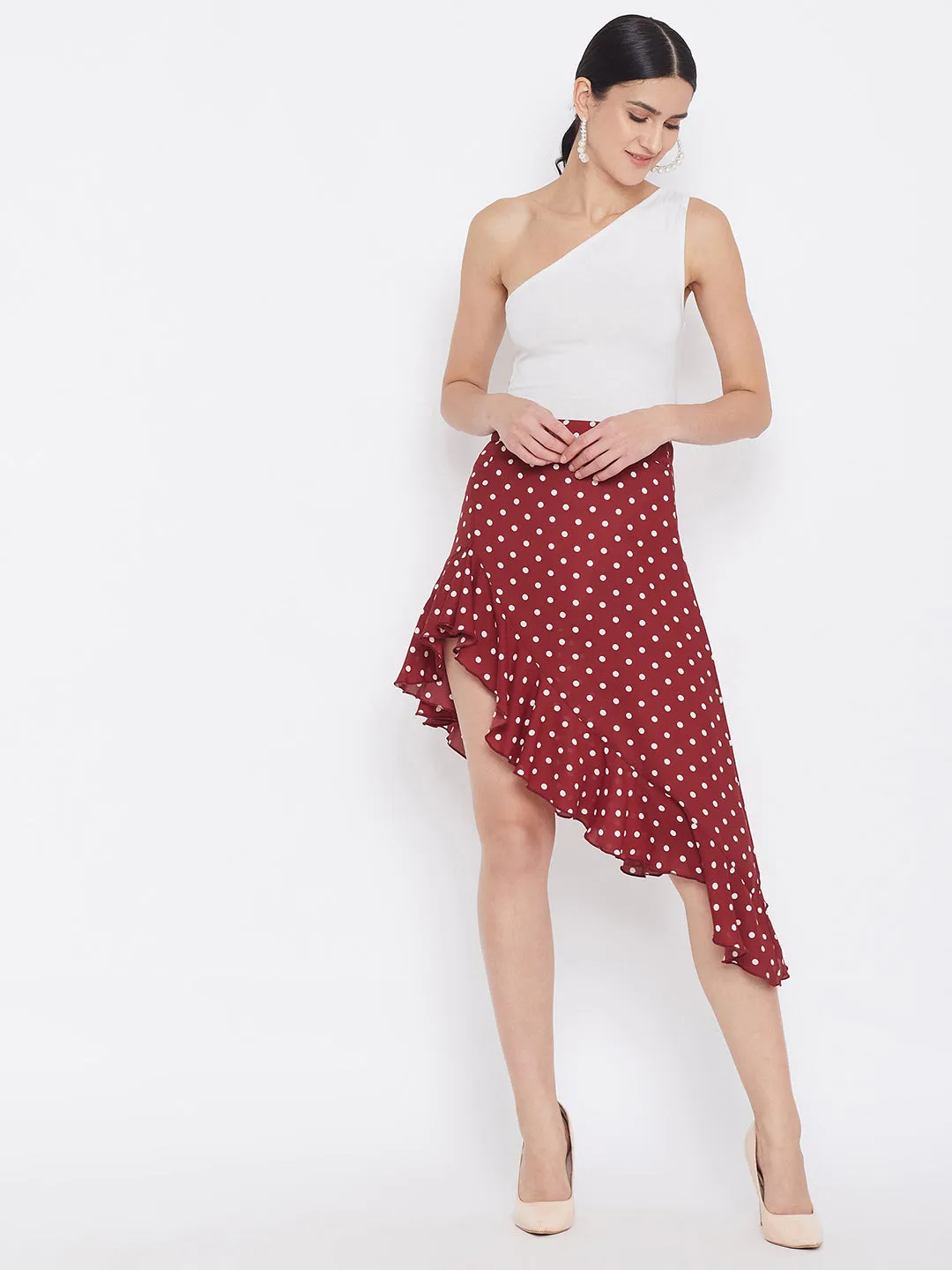 Berrylush Women Red Polka Dot Asymmetrical Ruffled A-Line Midi Skirt