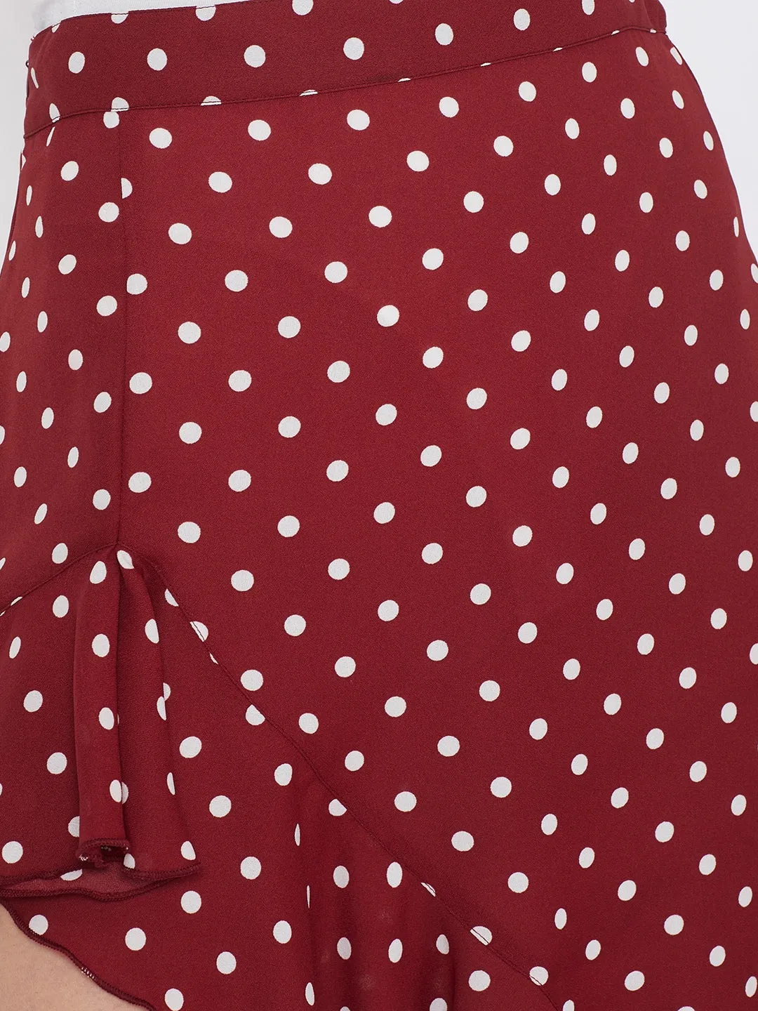 Berrylush Women Red Polka Dot Asymmetrical Ruffled A-Line Midi Skirt