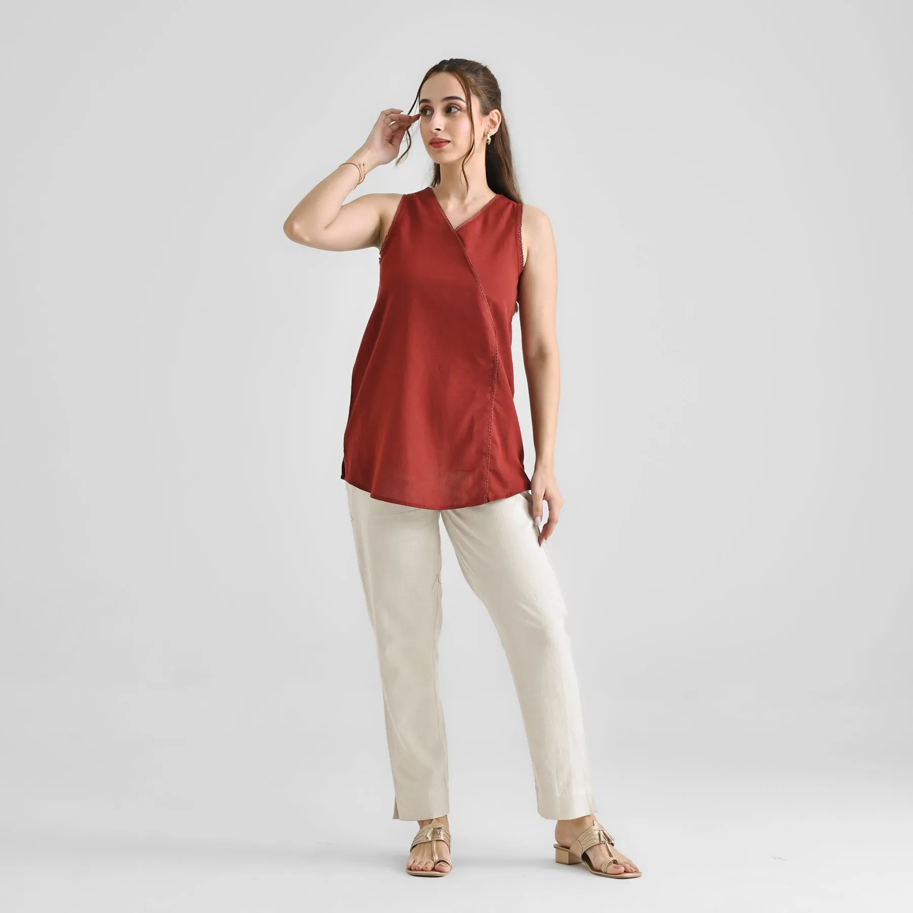 Brown Linen Cotton Sleeveless Tunic with Lace Detail