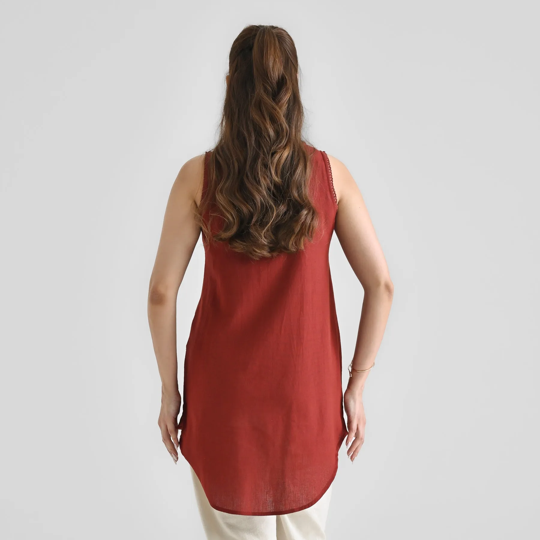 Brown Linen Cotton Sleeveless Tunic with Lace Detail