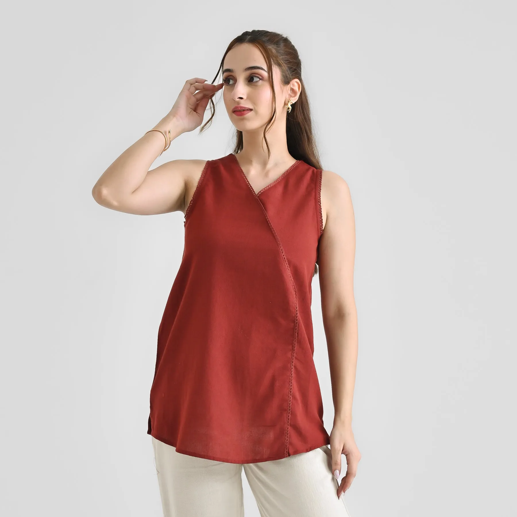 Brown Linen Cotton Sleeveless Tunic with Lace Detail