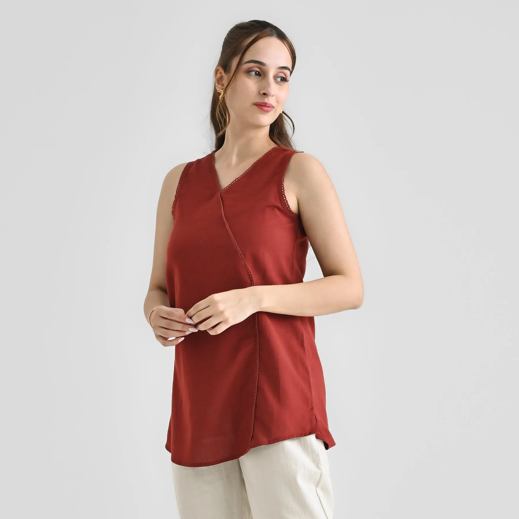 Brown Linen Cotton Sleeveless Tunic with Lace Detail