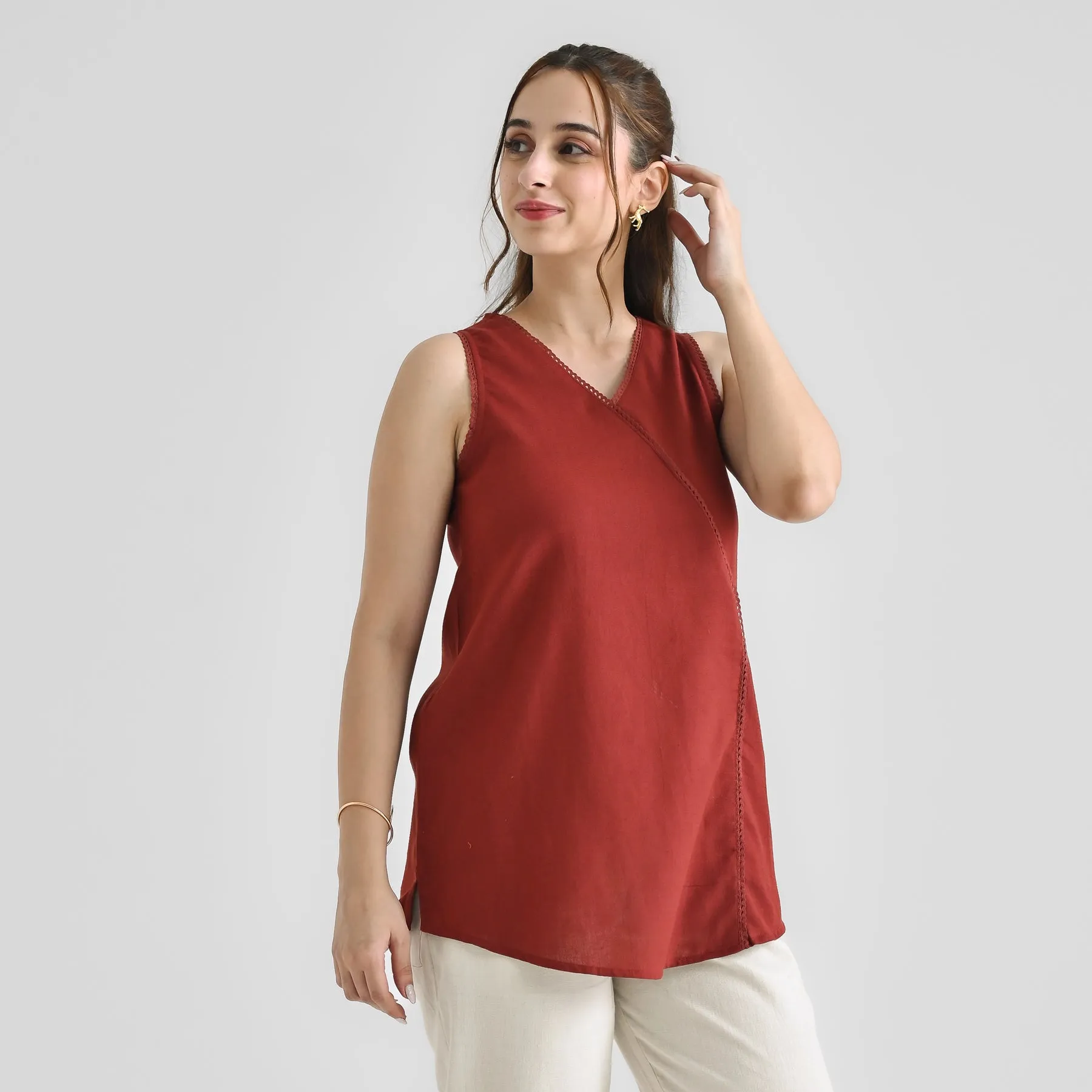 Brown Linen Cotton Sleeveless Tunic with Lace Detail