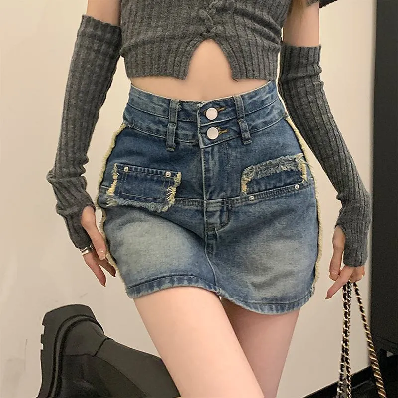 Button Front High-Waisted Chic Retro Bodycon Denim Skirt