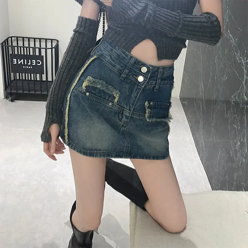 Button Front High-Waisted Chic Retro Bodycon Denim Skirt