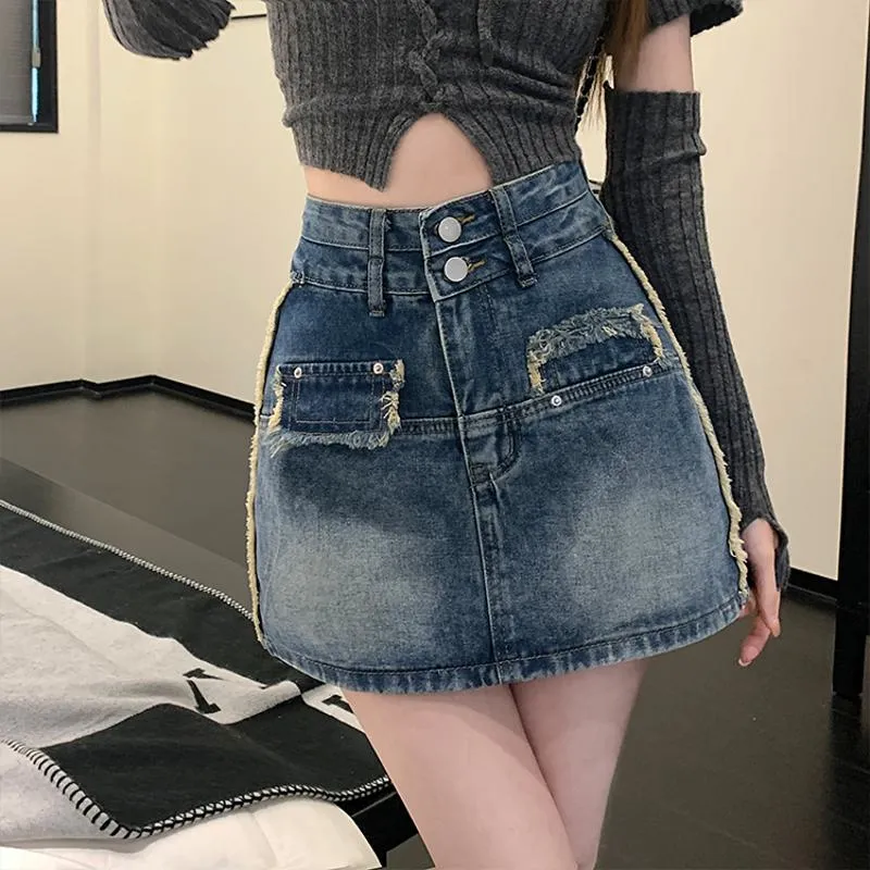 Button Front High-Waisted Chic Retro Bodycon Denim Skirt