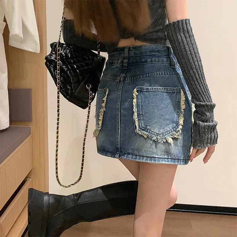 Button Front High-Waisted Chic Retro Bodycon Denim Skirt