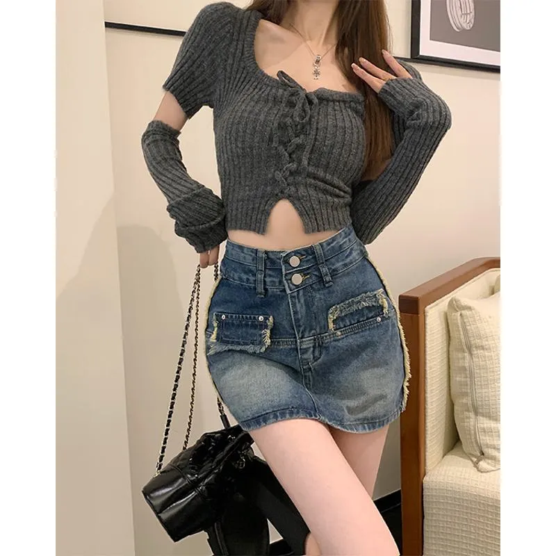 Button Front High-Waisted Chic Retro Bodycon Denim Skirt