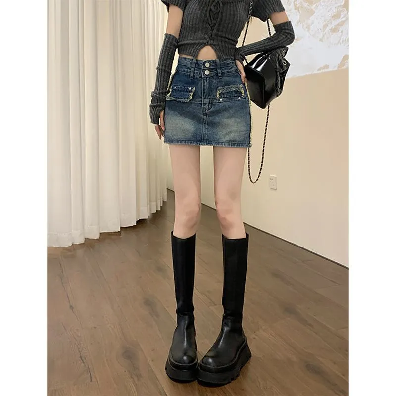 Button Front High-Waisted Chic Retro Bodycon Denim Skirt