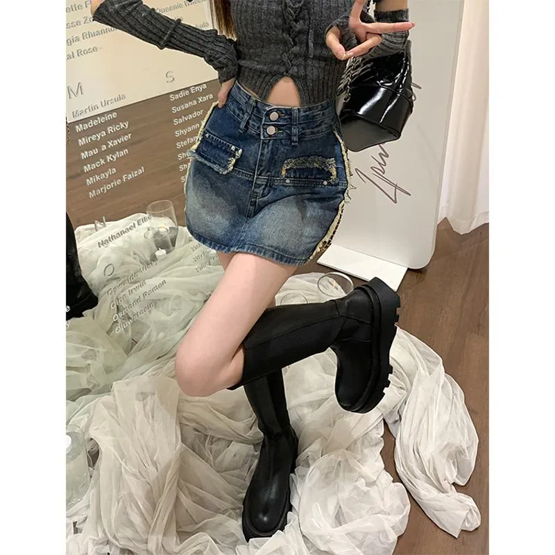 Button Front High-Waisted Chic Retro Bodycon Denim Skirt