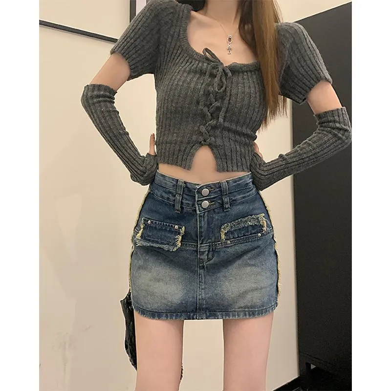 Button Front High-Waisted Chic Retro Bodycon Denim Skirt