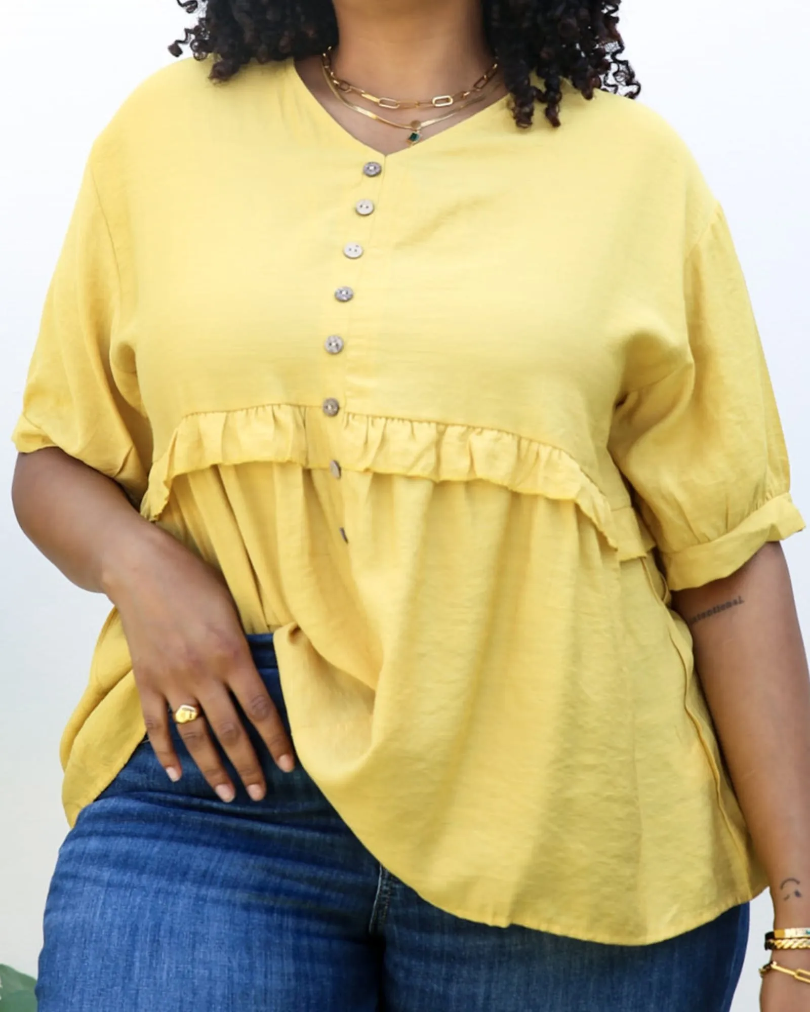 Button-Up Front Ruffle Solid Color Blouse | Yellow