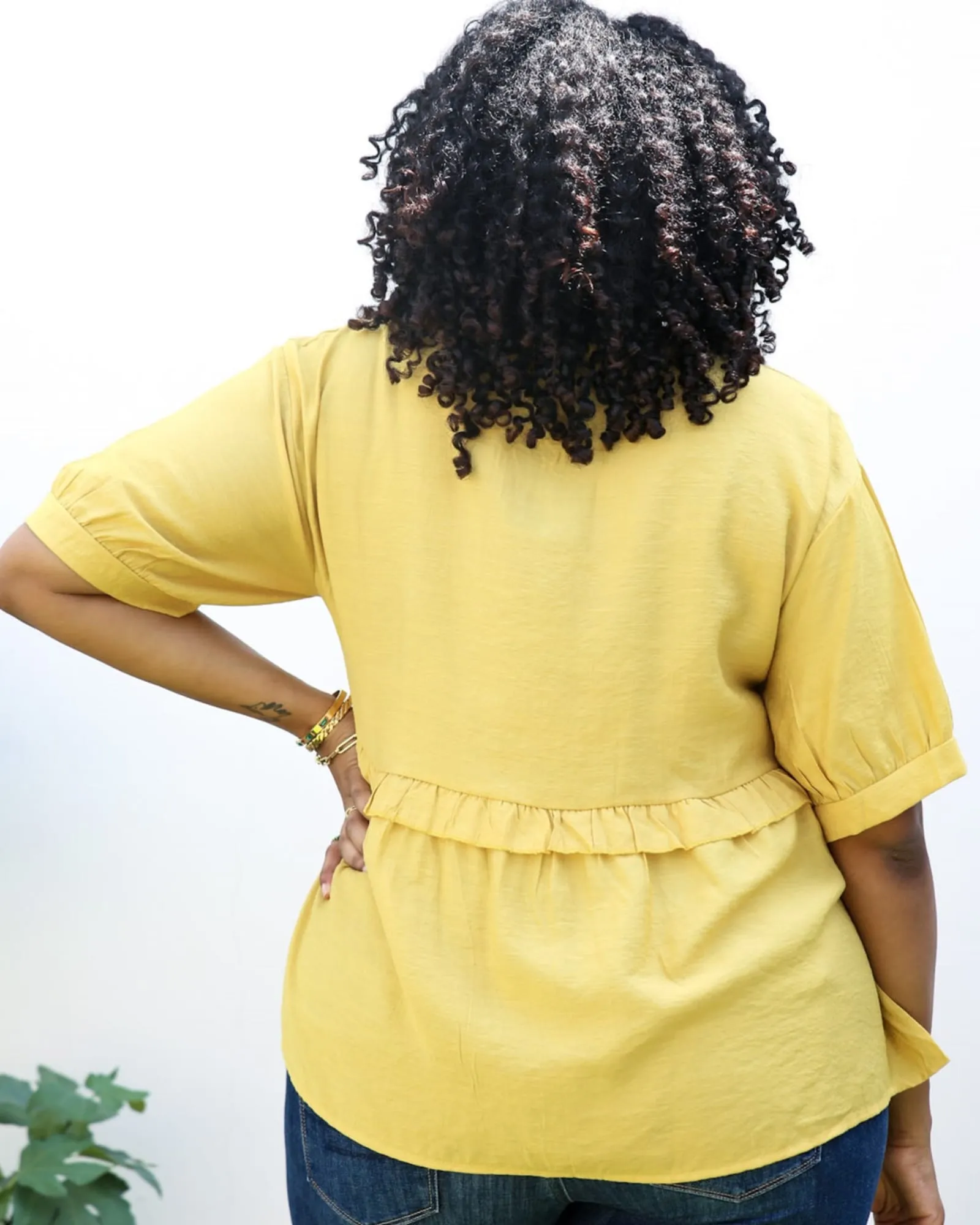 Button-Up Front Ruffle Solid Color Blouse | Yellow