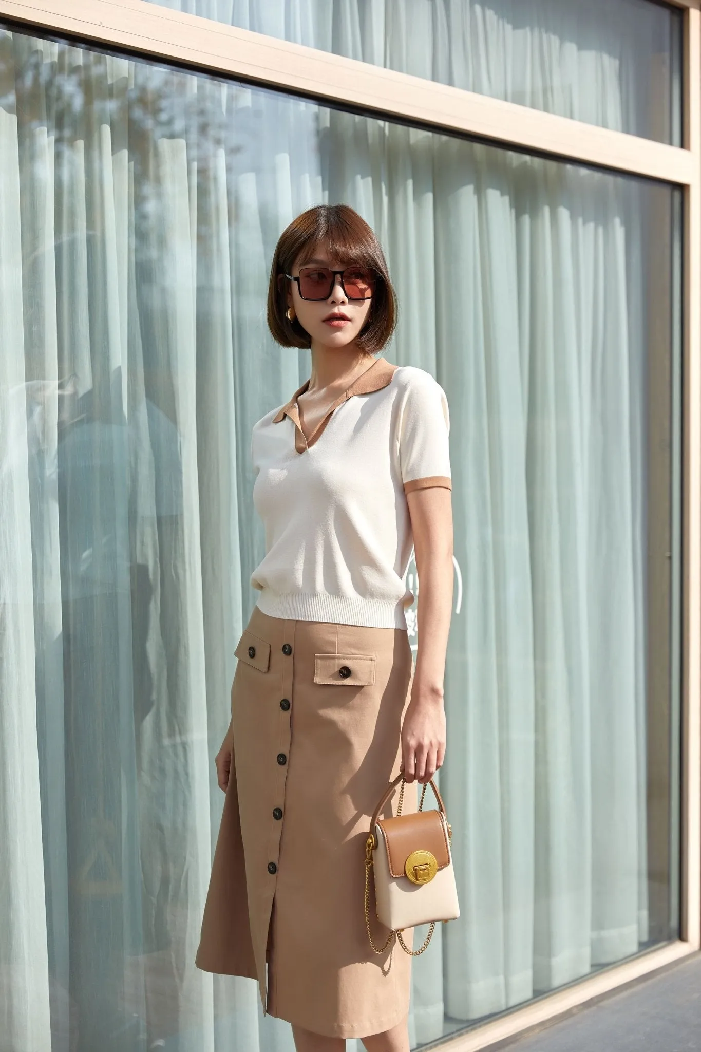 Camel Midi Skirt With Button A Shape