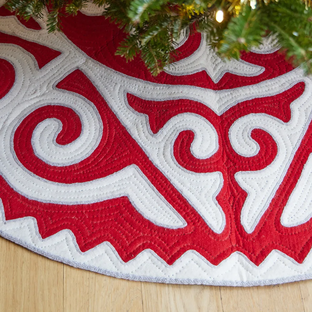 Contemporary White With Red Shyrdak Tree Skirt