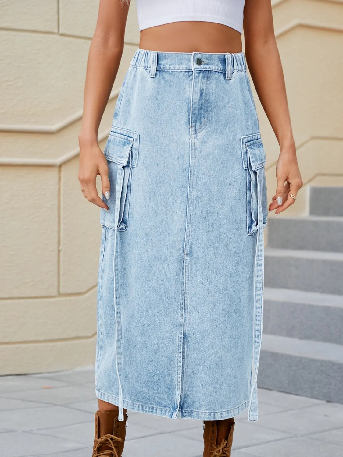 Denim Skirt With Pockets Feminine Slit Pocketed High Waist Jean Skirt KESLEY