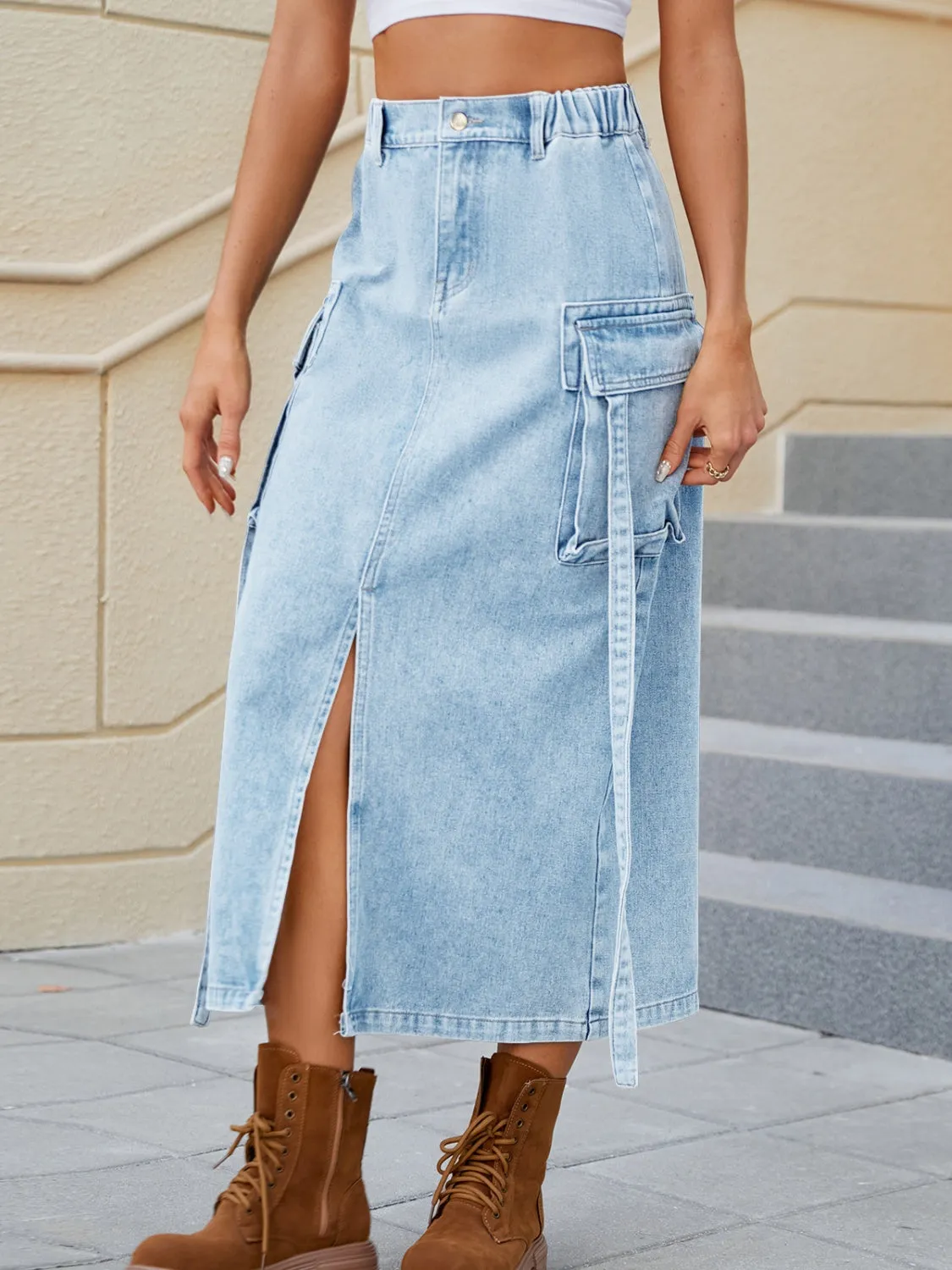 Denim Skirt With Pockets Feminine Slit Pocketed High Waist Jean Skirt KESLEY