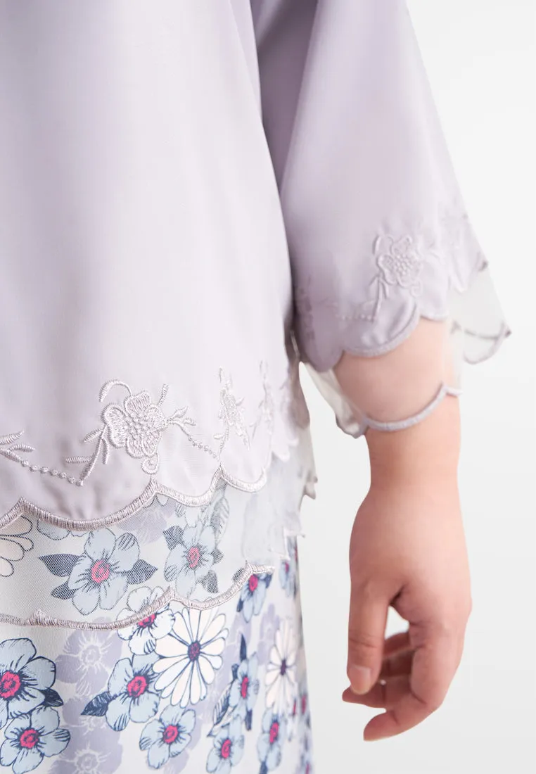 Ellah Petite Plus Short Embroidery Kurung Top - Grey Lilac