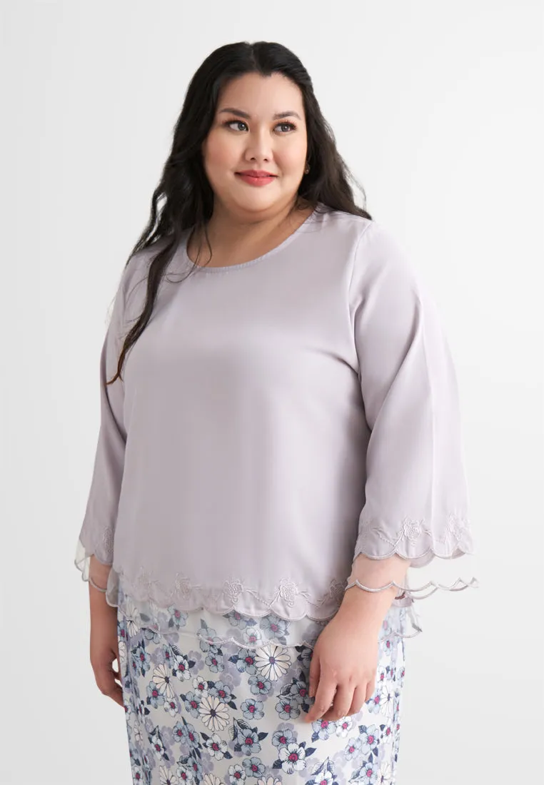 Ellah Petite Plus Short Embroidery Kurung Top - Grey Lilac