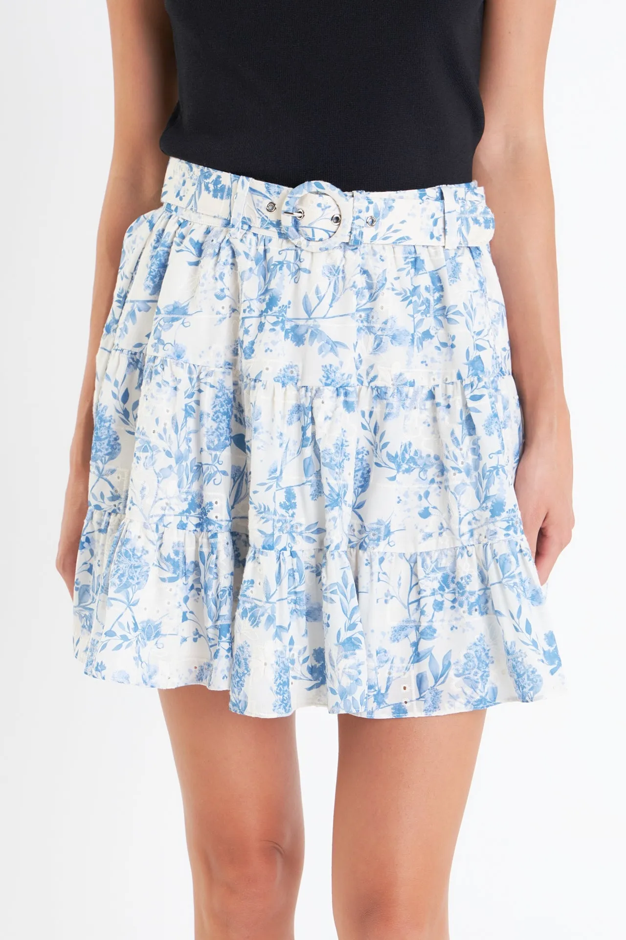 English Factory - Digital Print Belted Tiered Mini Skirt