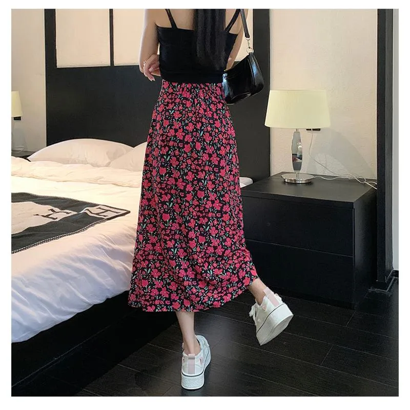 Fairy Floral Print Midi Slimming Mesh Skirt