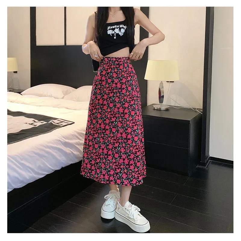 Fairy Floral Print Midi Slimming Mesh Skirt