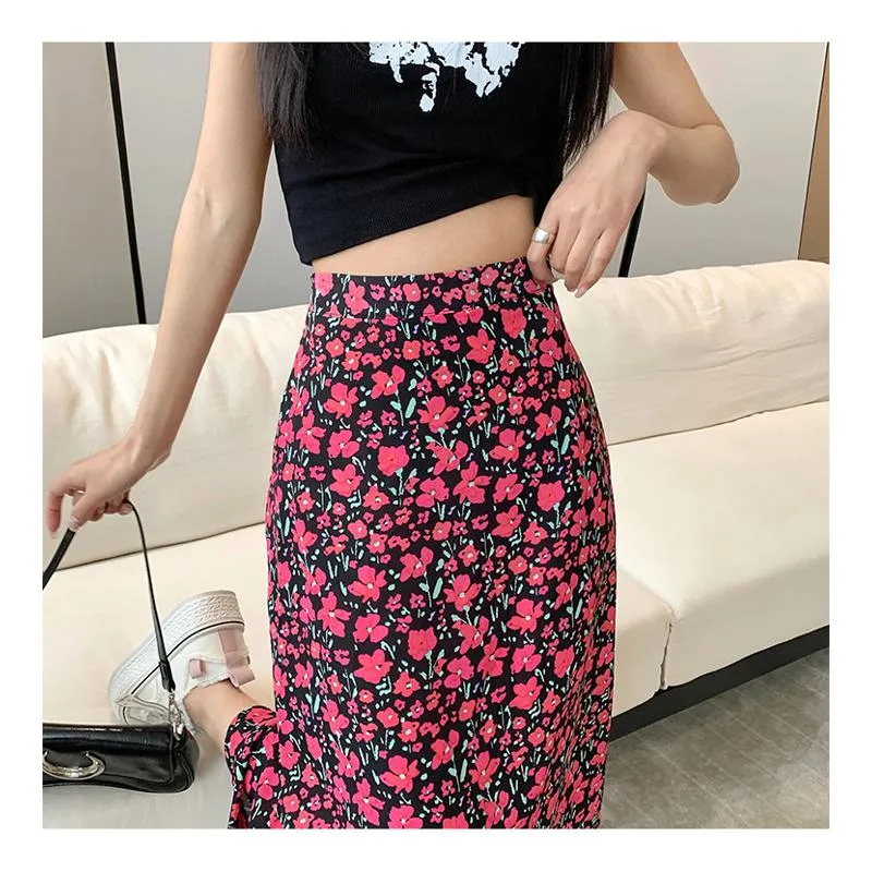 Fairy Floral Print Midi Slimming Mesh Skirt