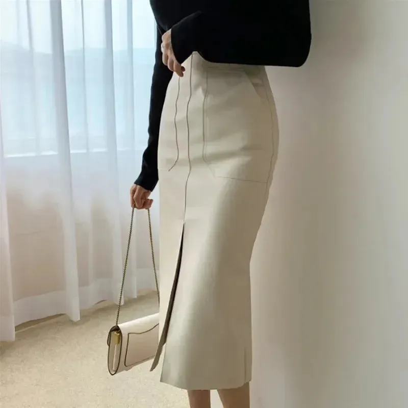 Fall Winter Chic Split Design Slim Straight Faux Leather Skirt