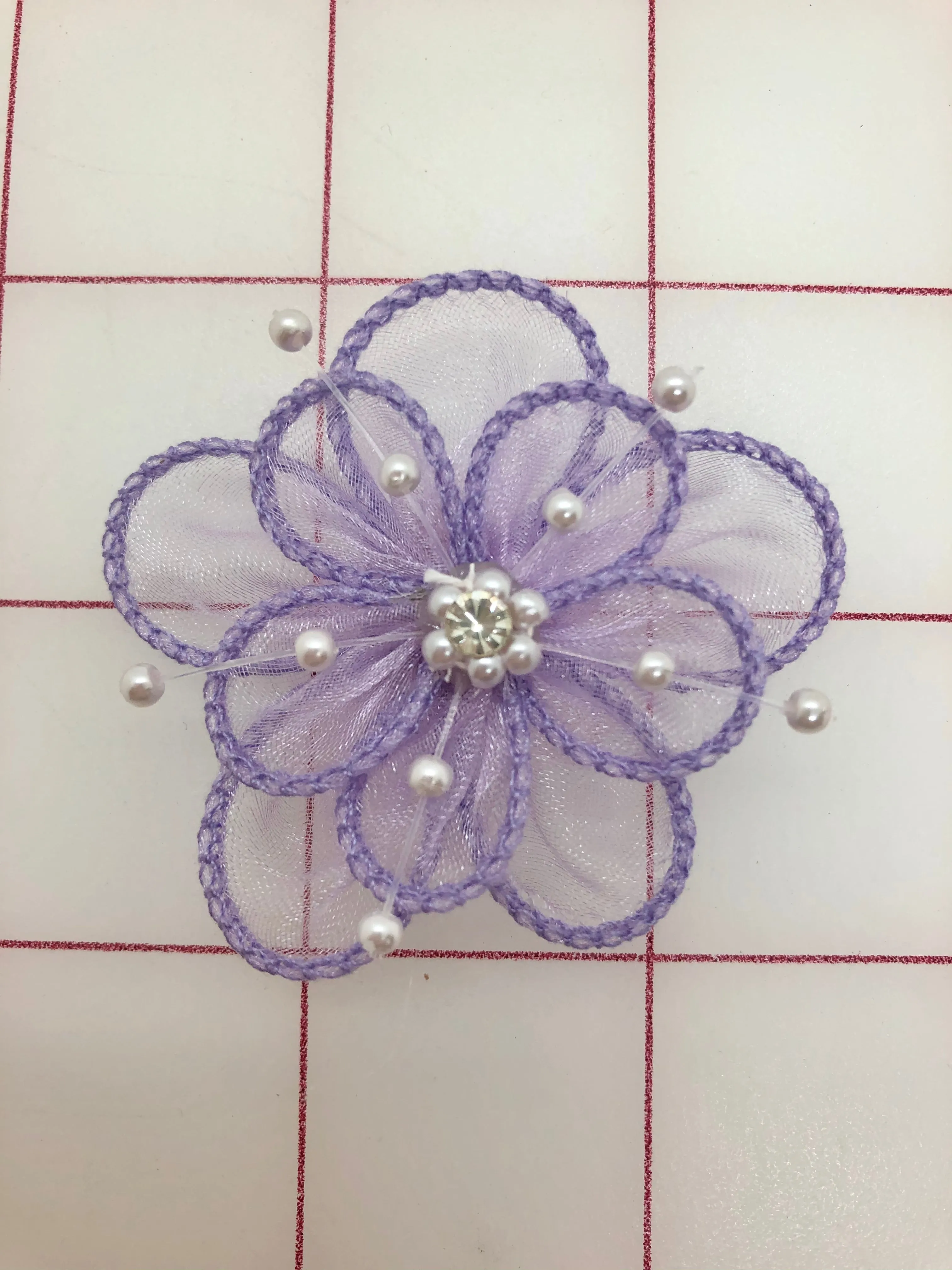 Flowers - Organza with Pearls and Crystal Lavender 2-in