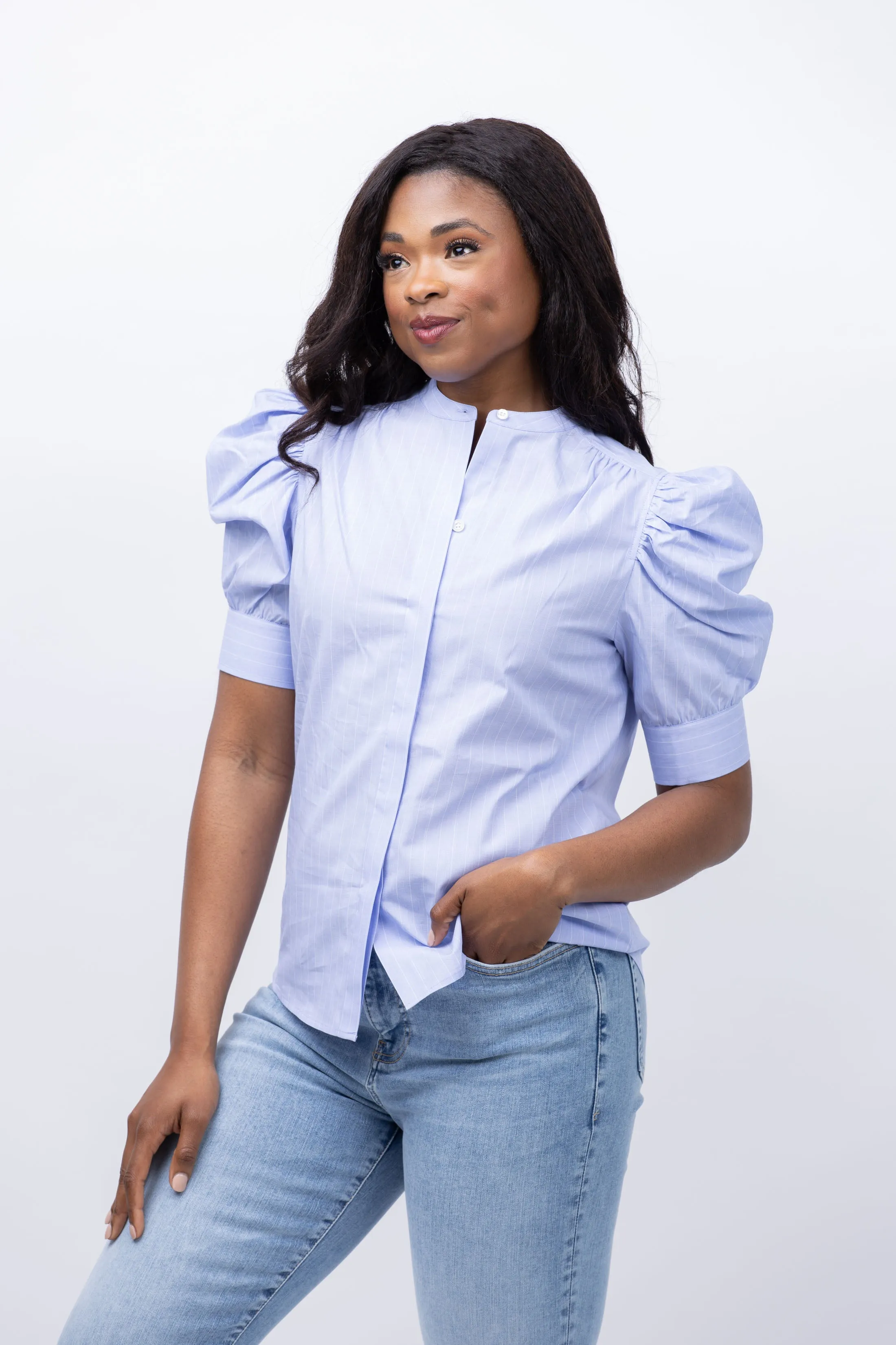 FRAME Puff Sleeve Blouse in Chambray Blue