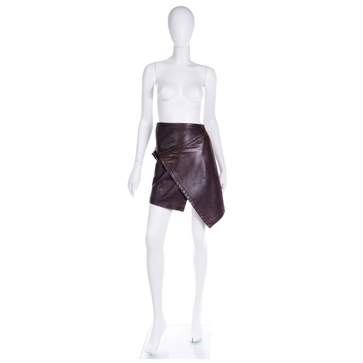 F/W 1991 Vintage Isaac Mizrahi Brown Leather Wrap Runway Skirt