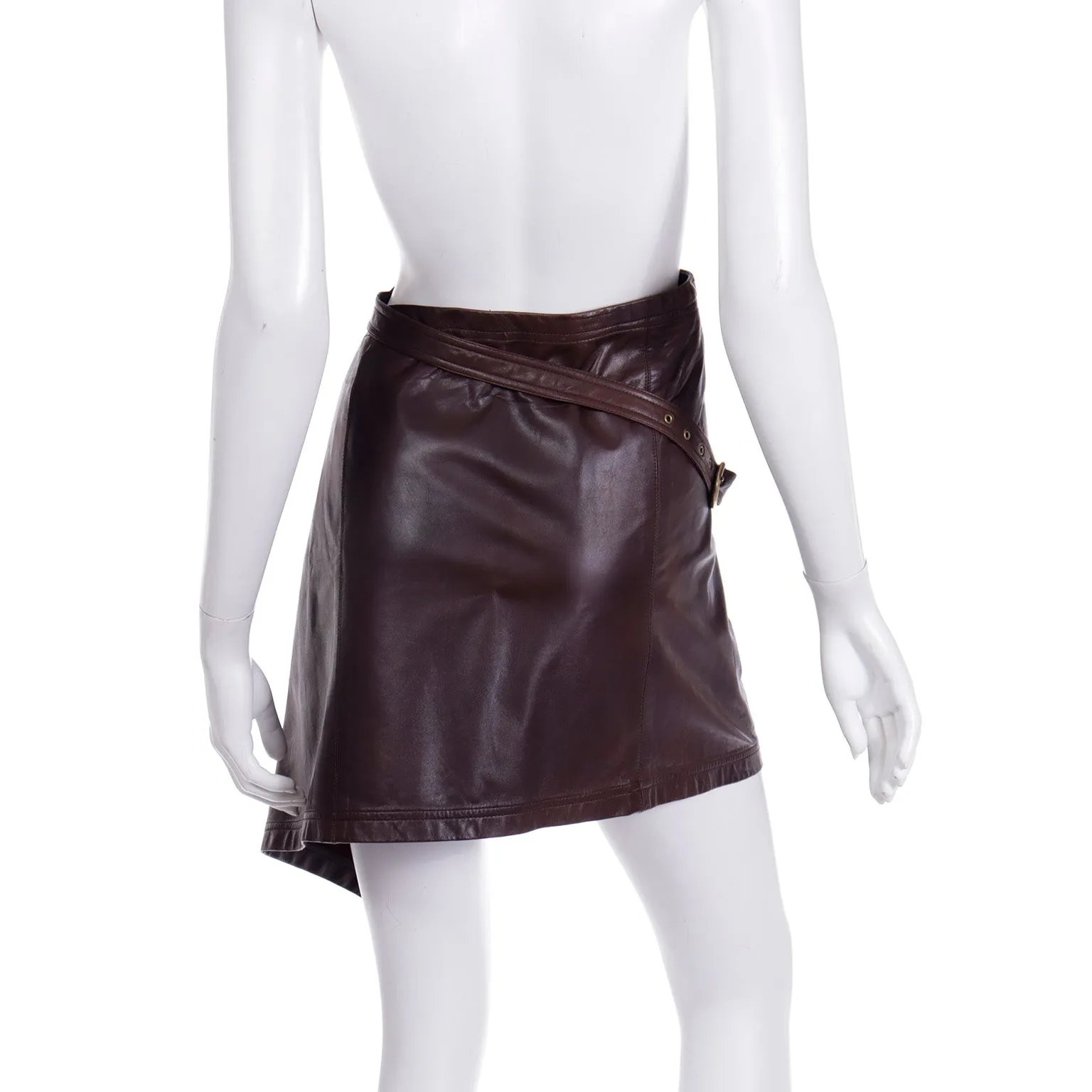 F/W 1991 Vintage Isaac Mizrahi Brown Leather Wrap Runway Skirt