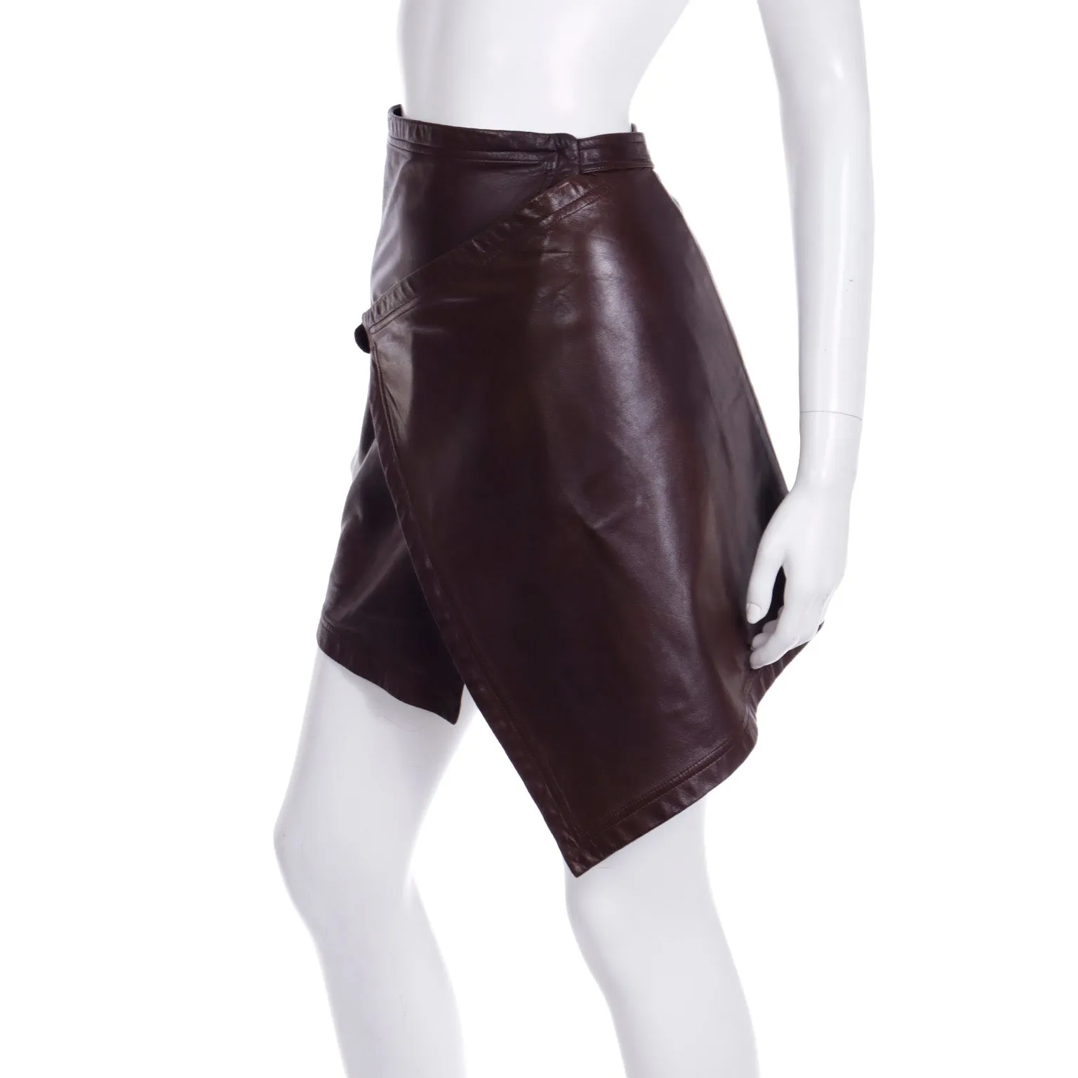 F/W 1991 Vintage Isaac Mizrahi Brown Leather Wrap Runway Skirt