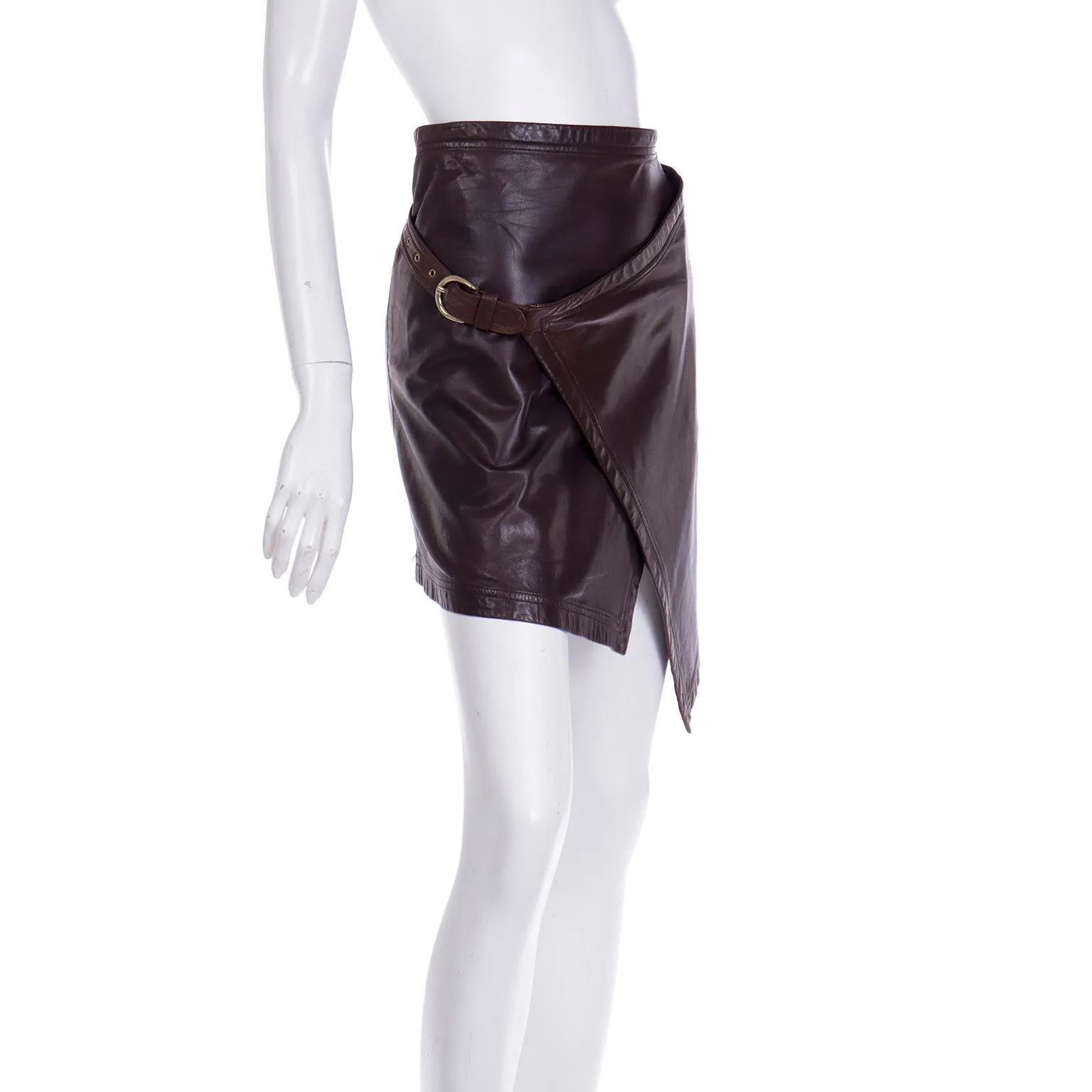 F/W 1991 Vintage Isaac Mizrahi Brown Leather Wrap Runway Skirt