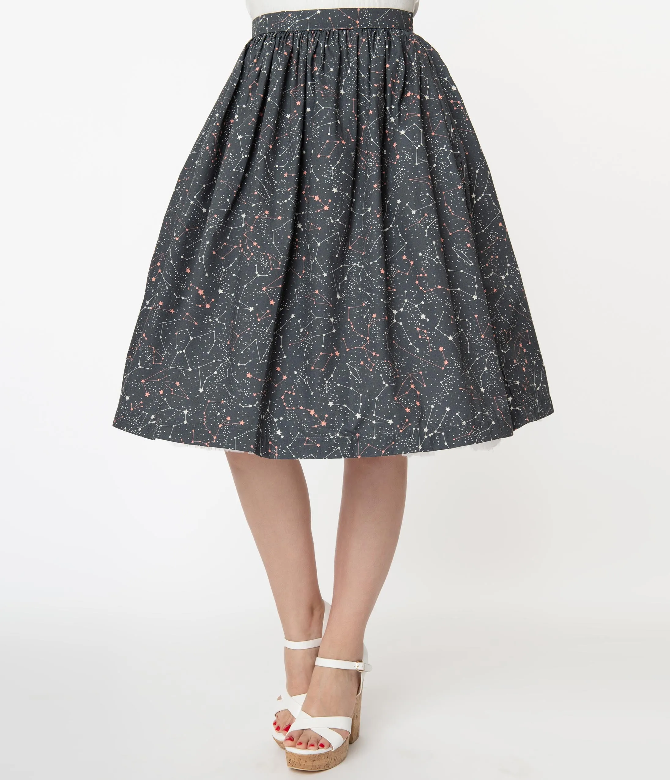 Grey Constellation Print Gathered Swing Skirt