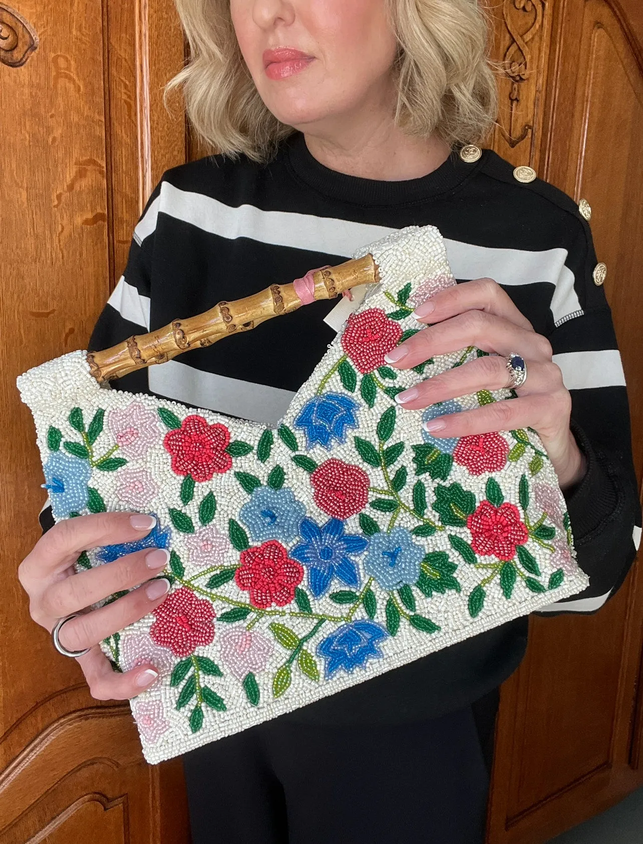 Hand beaded floral and bamboo clutch in red, blue, and pink floral pattern *in stock ships now*