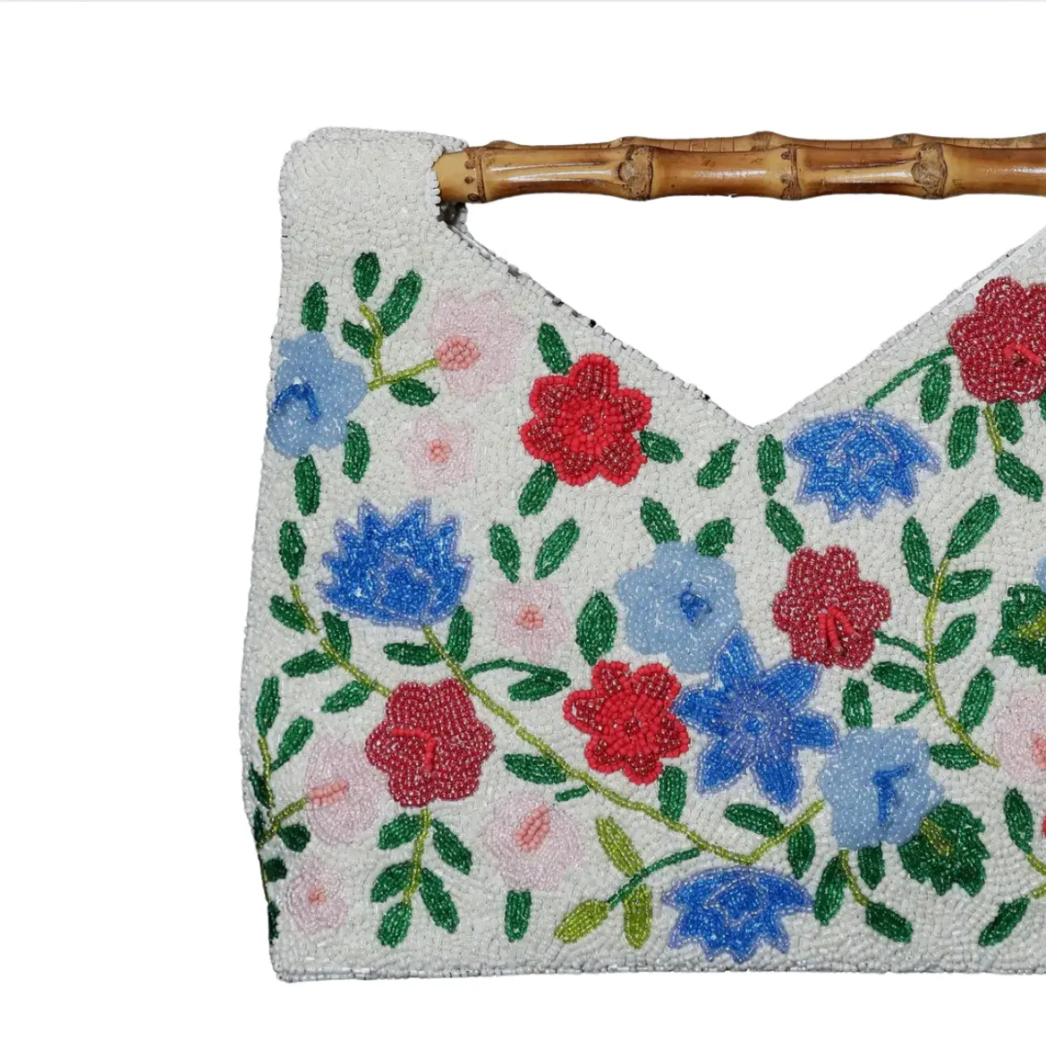 Hand beaded floral and bamboo clutch in red, blue, and pink floral pattern *in stock ships now*