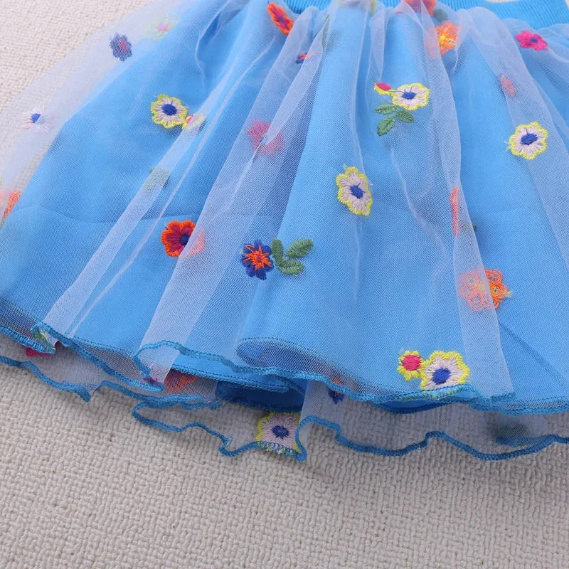 Humor Bear Kids Clothes Floral Embroidery Design Elastic Waist Tulle Fairy Skirt Delicate Girls Party Costume