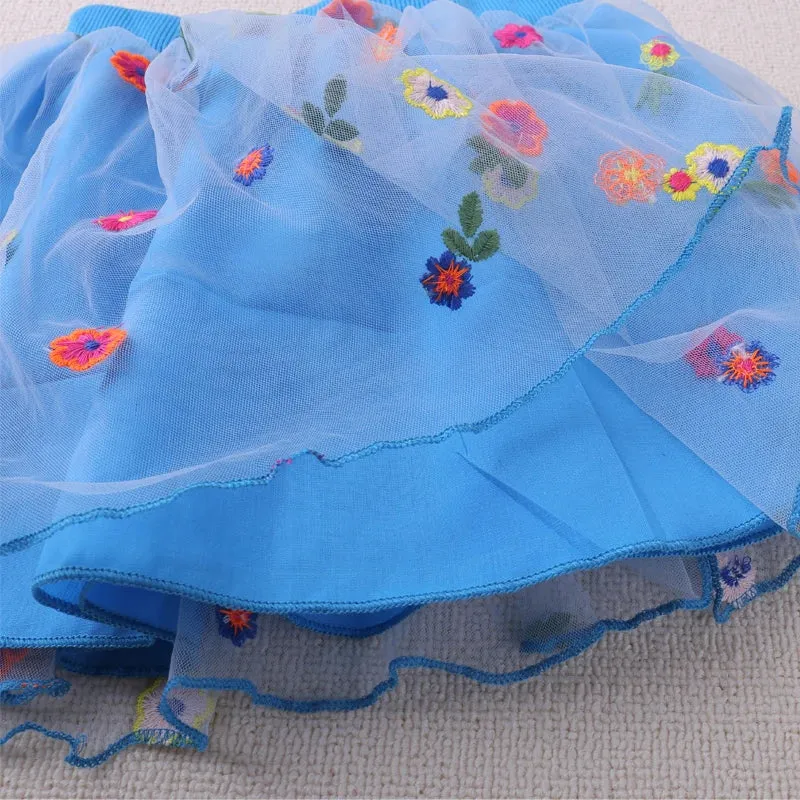 Humor Bear Kids Clothes Floral Embroidery Design Elastic Waist Tulle Fairy Skirt Delicate Girls Party Costume