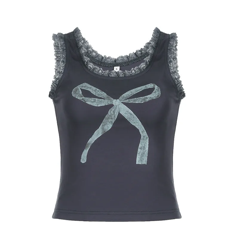 Lace Trim Bowknot Graphic Tank Top