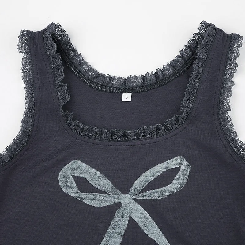 Lace Trim Bowknot Graphic Tank Top