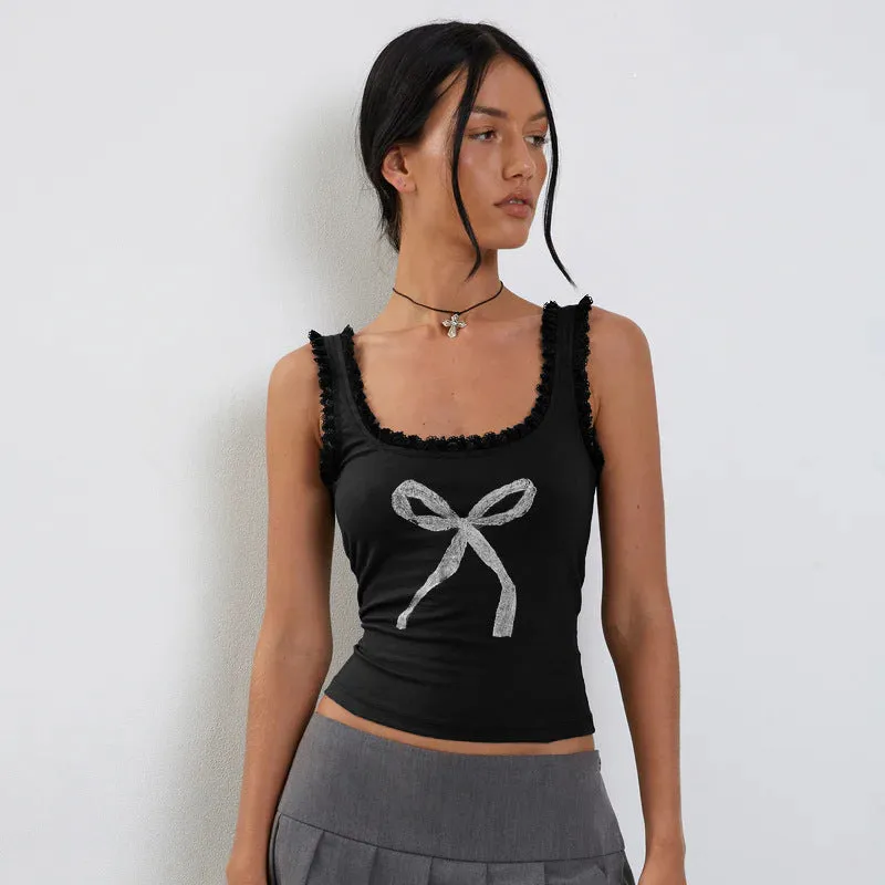 Lace Trim Bowknot Graphic Tank Top