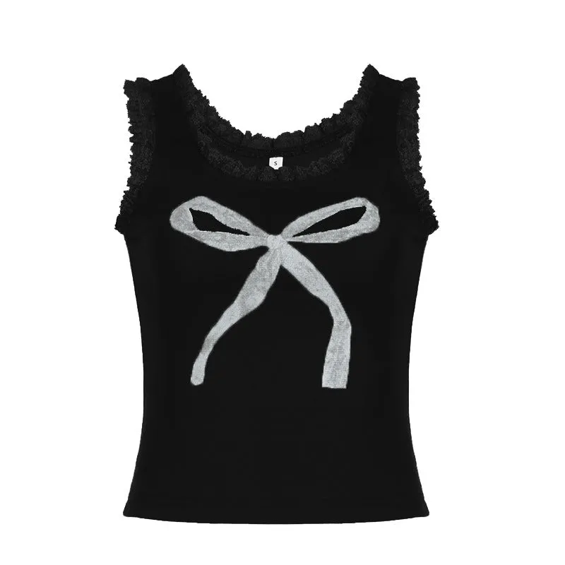 Lace Trim Bowknot Graphic Tank Top