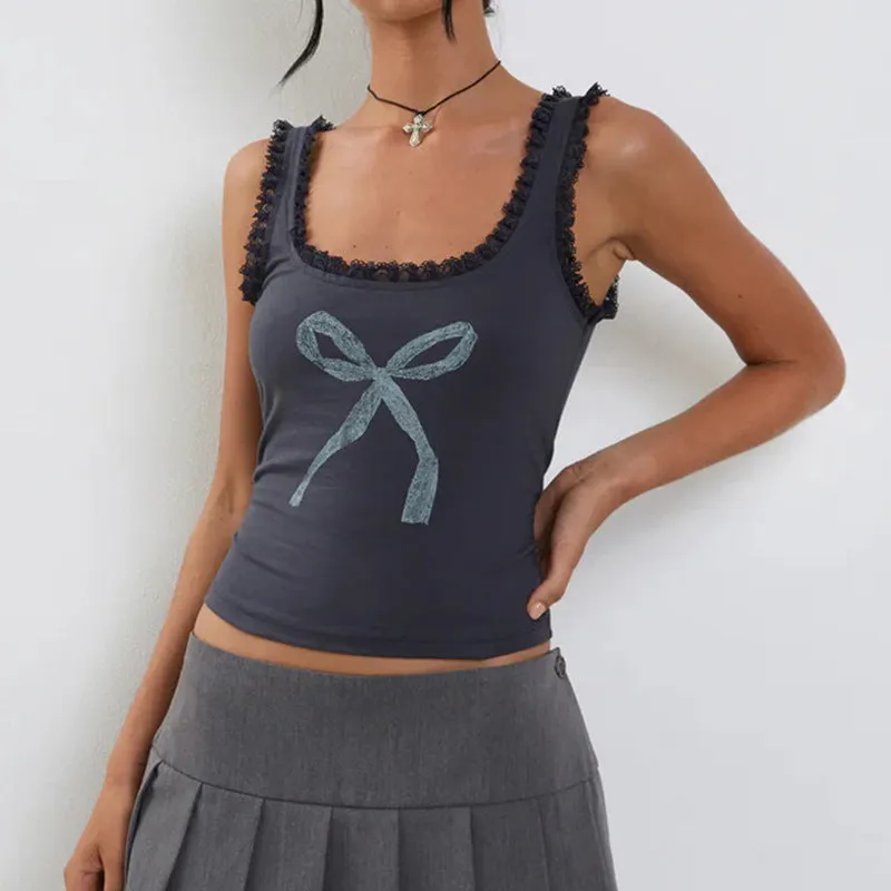 Lace Trim Bowknot Graphic Tank Top