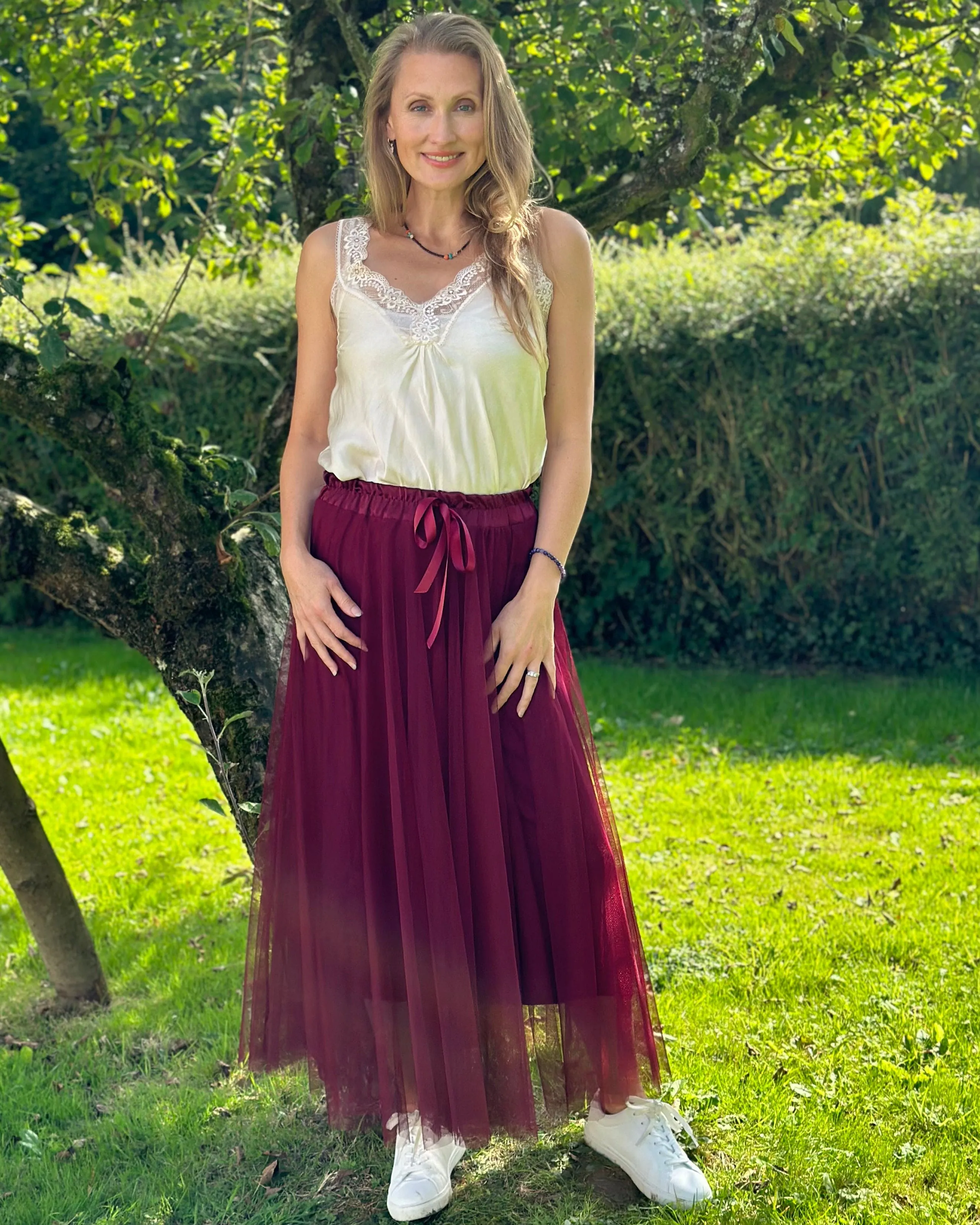 Long Pleated Tulle Skirt - Wine