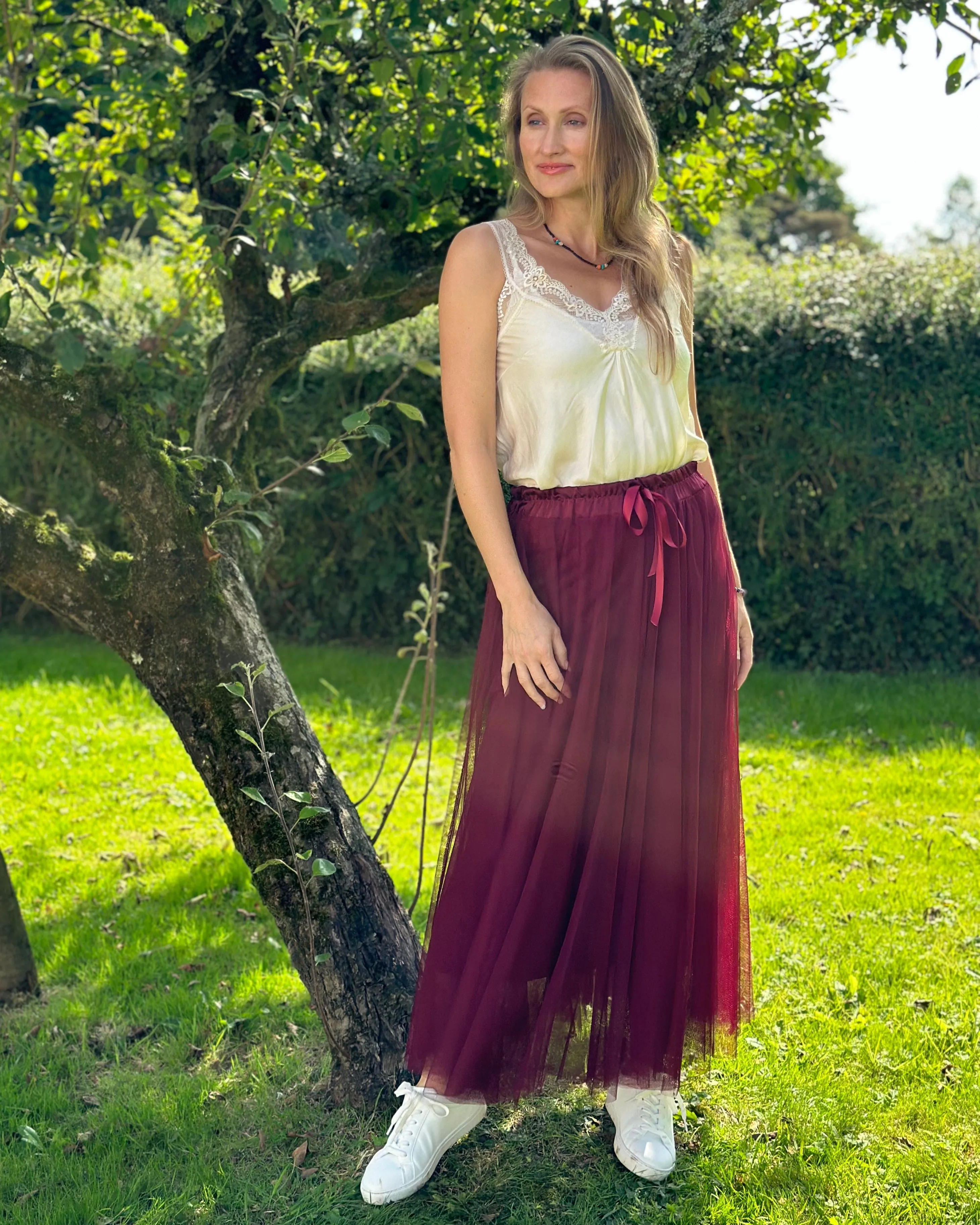 Long Pleated Tulle Skirt - Wine