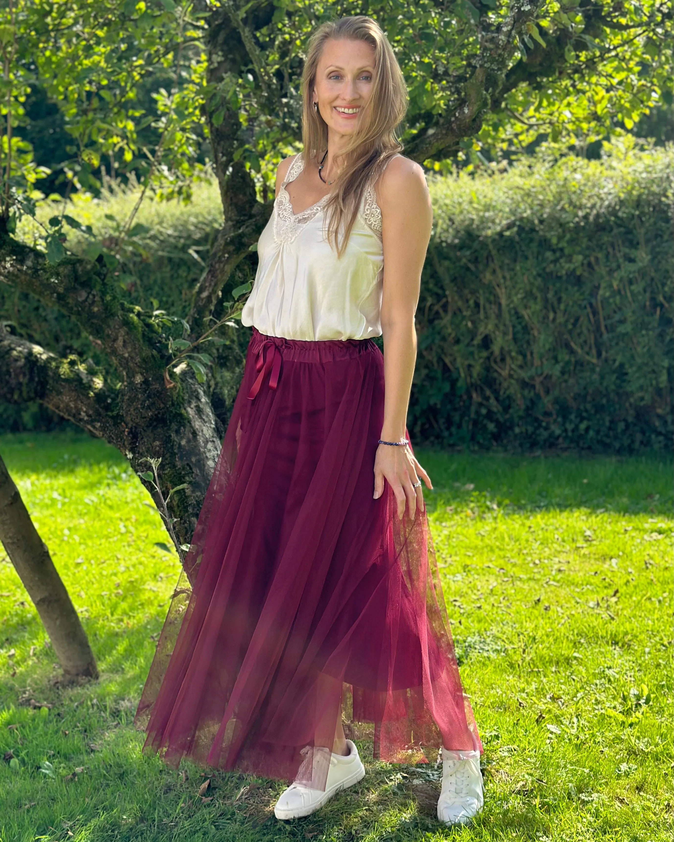 Long Pleated Tulle Skirt - Wine