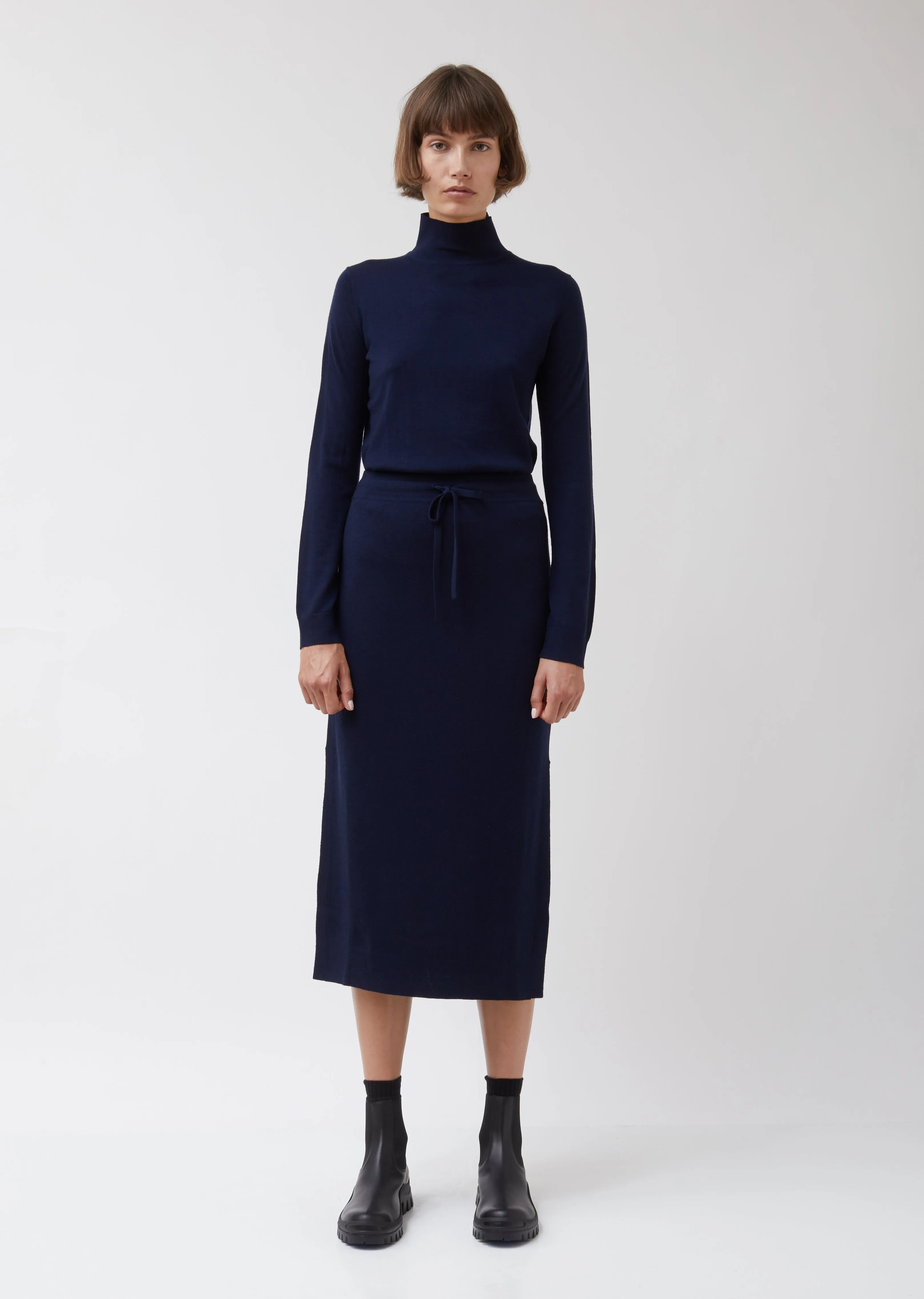 Navy Merino Wool Drawstring Skirt