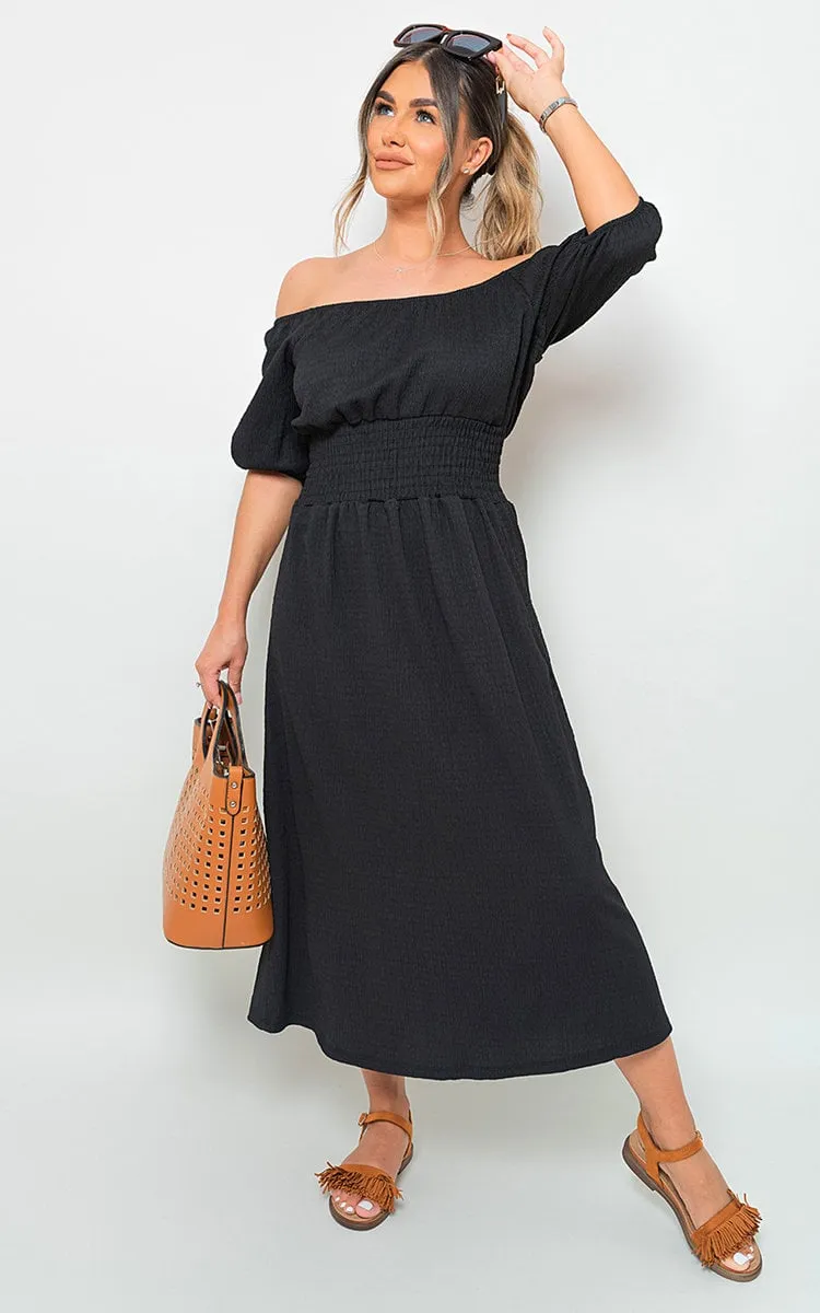 Off Shoulder Shirred Waist Mini Dress