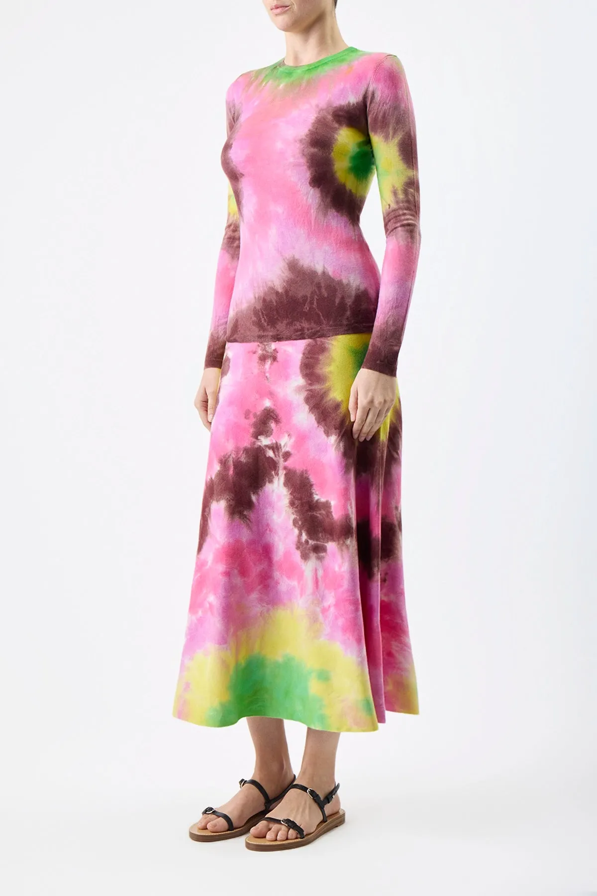 Olive Knit Midi Skirt in Multi Tie Dye Cashmere